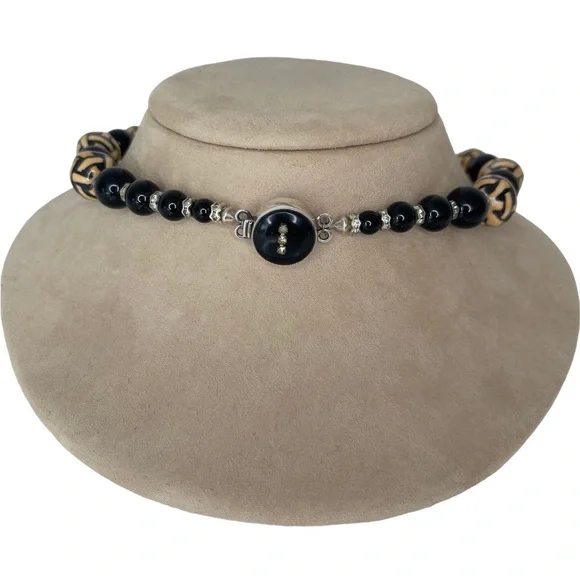 Basket Weave Beads, Black Onxy, Sterling Silver & Swarovski Crystal Necklace - Picture 3 of 6